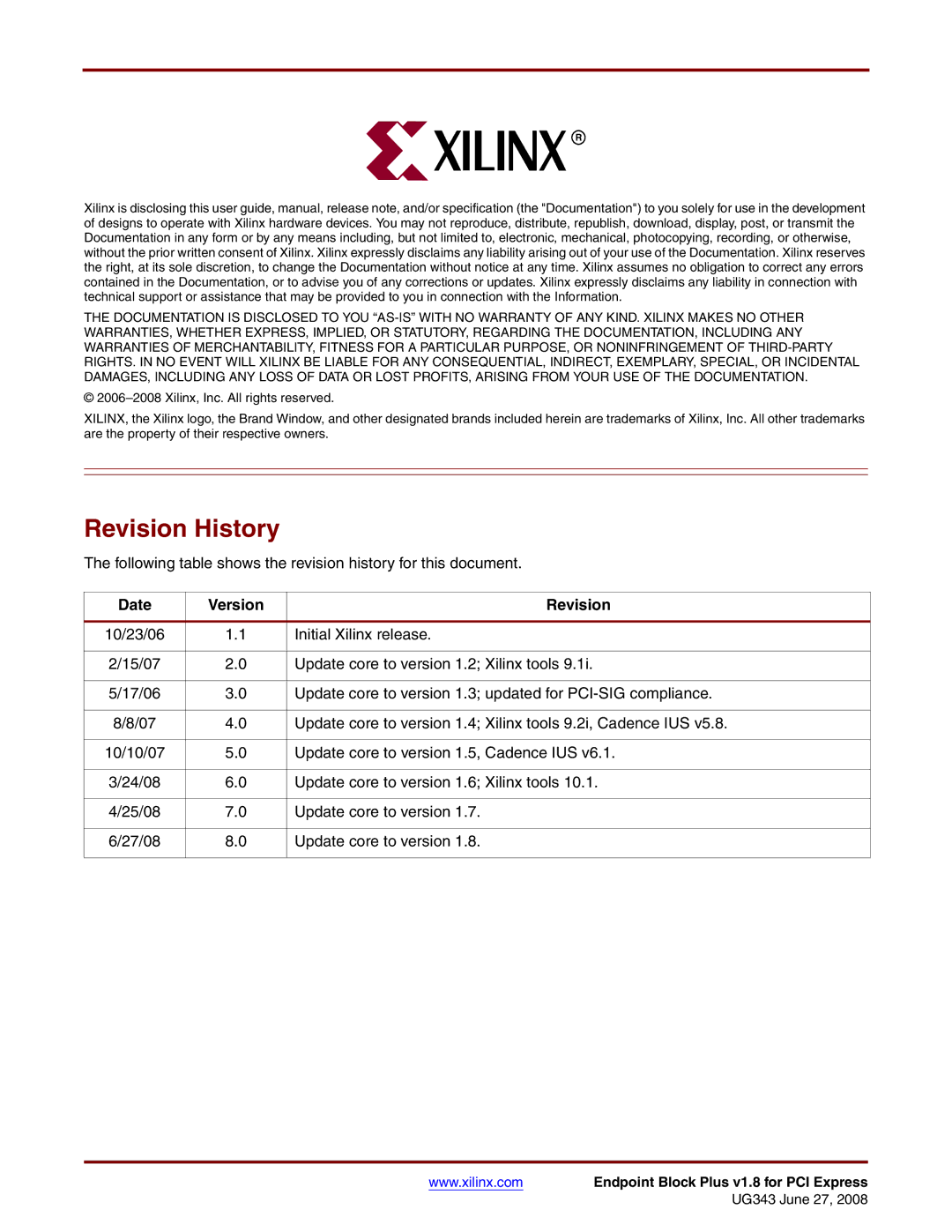 Xilinx 1.8 manual Revision History, Date Version Revision 