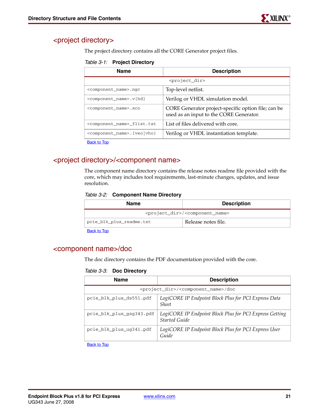 Xilinx 1.8 manual Project directory/component name, Component name/doc 