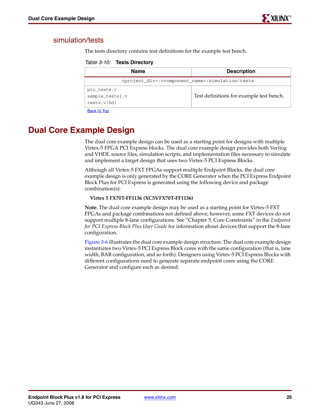 Xilinx 1.8 manual Dual Core Example Design, Simulation/tests, 10Tests Directory Name Description 