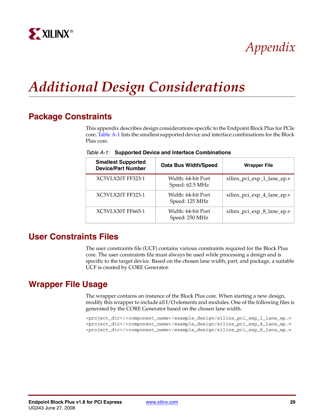 Xilinx 1.8 manual Package Constraints, User Constraints Files, Wrapper File Usage, Device/Part Number 