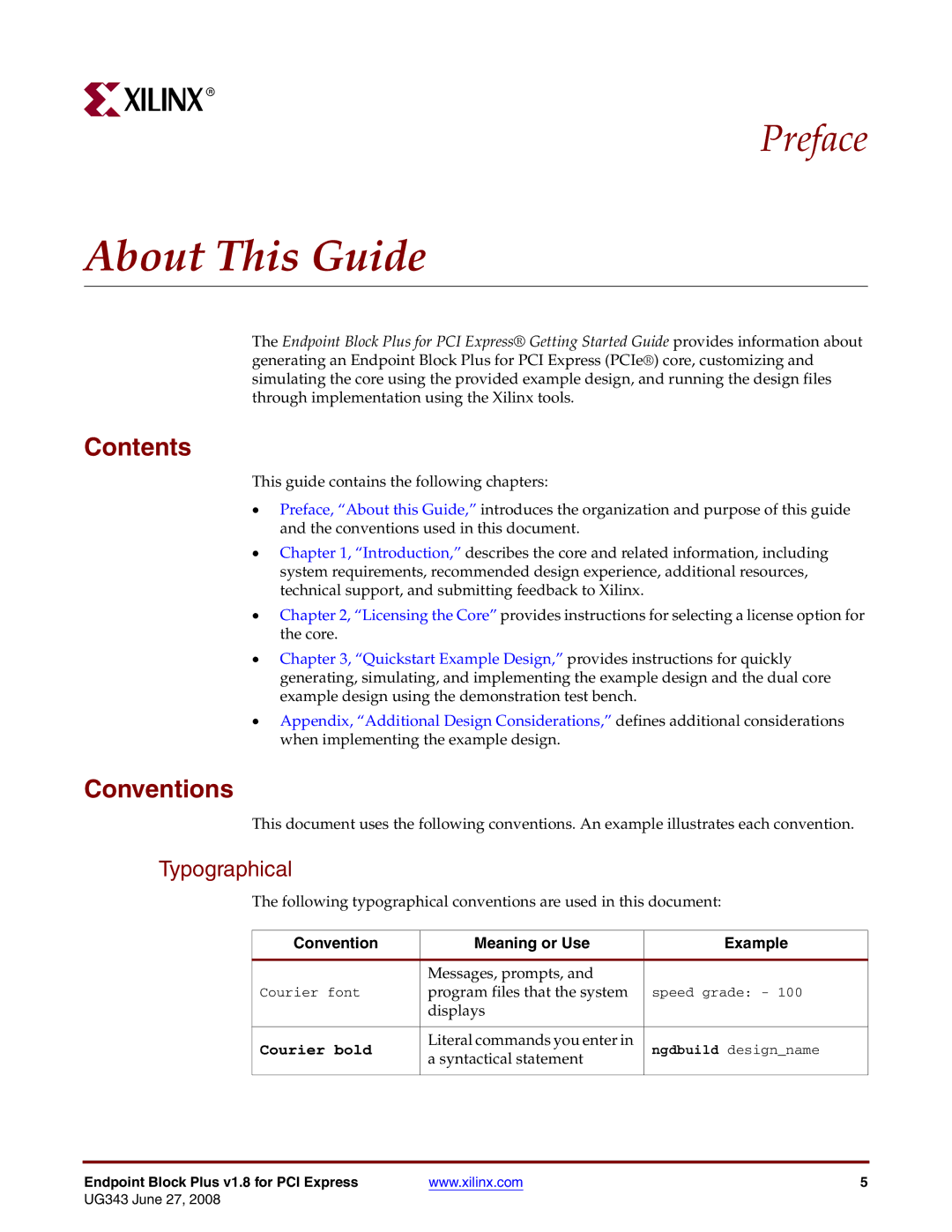 Xilinx 1.8 manual About This Guide, Contents, Conventions 