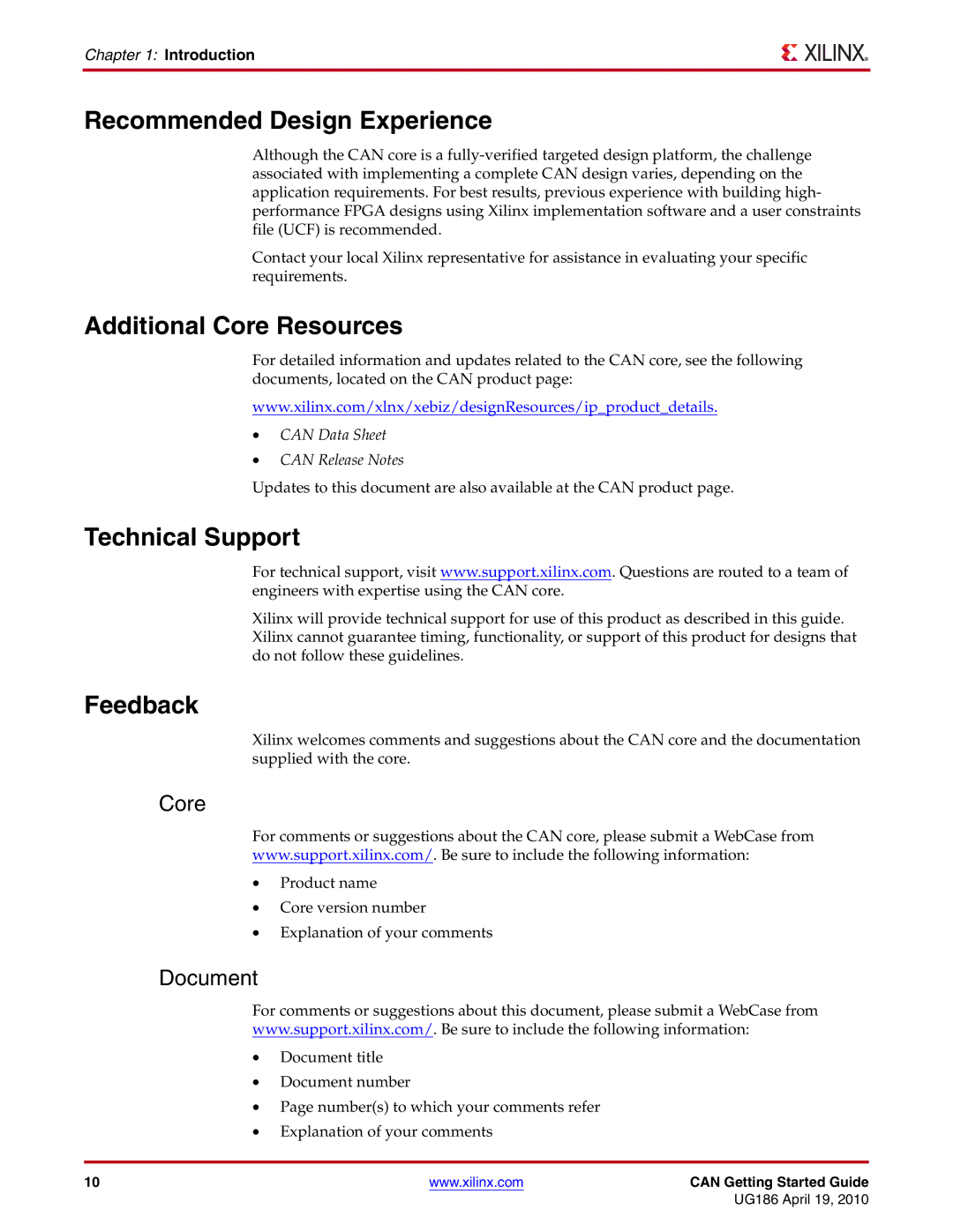 Xilinx 3.2 manual Recommended Design Experience, Additional Core Resources, Technical Support, Feedback 