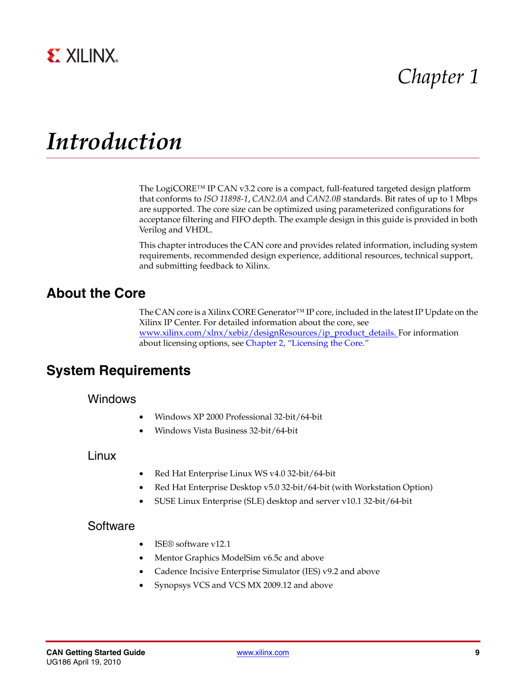 Xilinx 3.2 manual Introduction, About the Core System Requirements, Windows, Linux, Software 