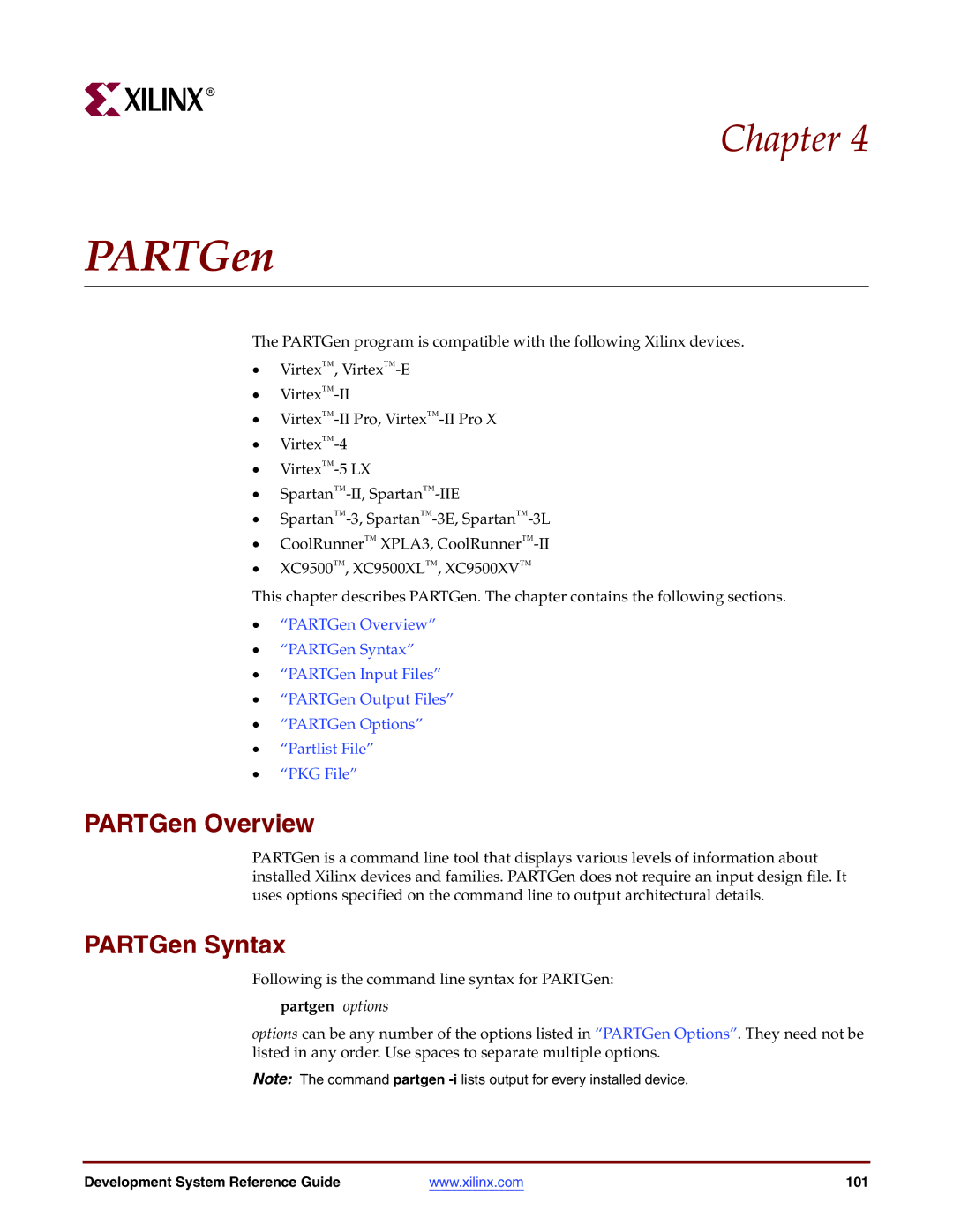 Xilinx 8.2i manual PARTGen Overview, PARTGen Syntax, Partgen options 