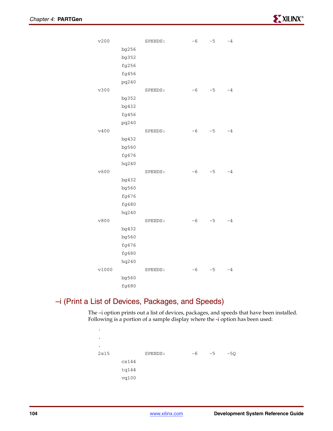 Xilinx 8.2i manual Print a List of Devices, Packages, and Speeds 