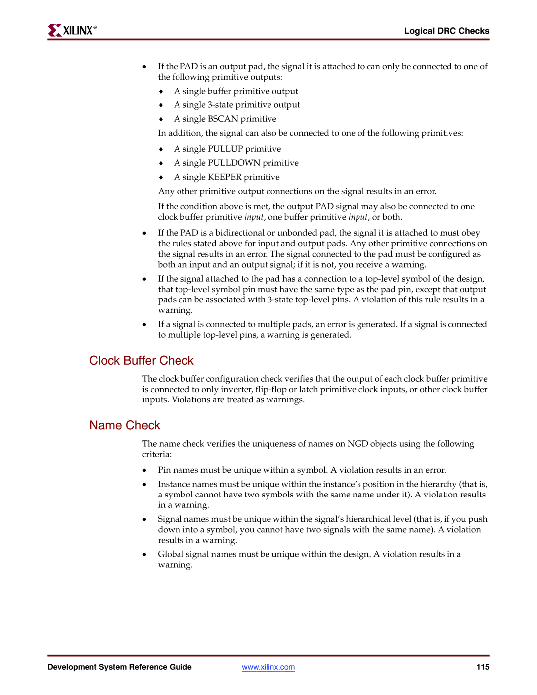 Xilinx 8.2i manual Clock Buffer Check, Name Check, Logical DRC Checks 