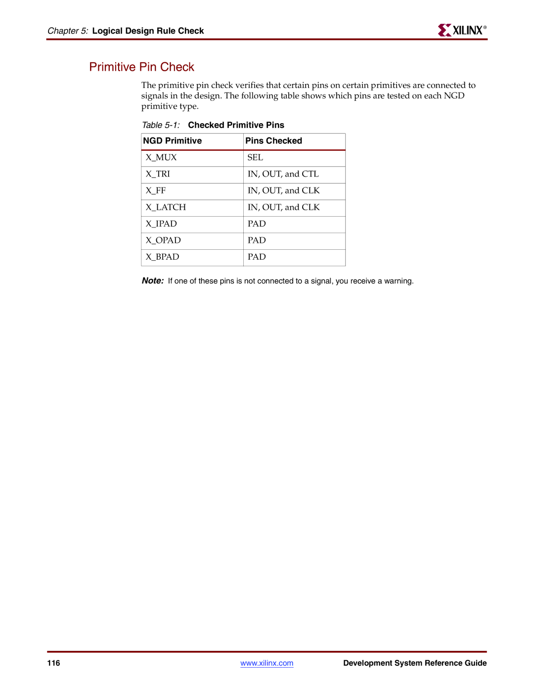 Xilinx 8.2i manual Primitive Pin Check, 1Checked Primitive Pins NGD Primitive Pins Checked 