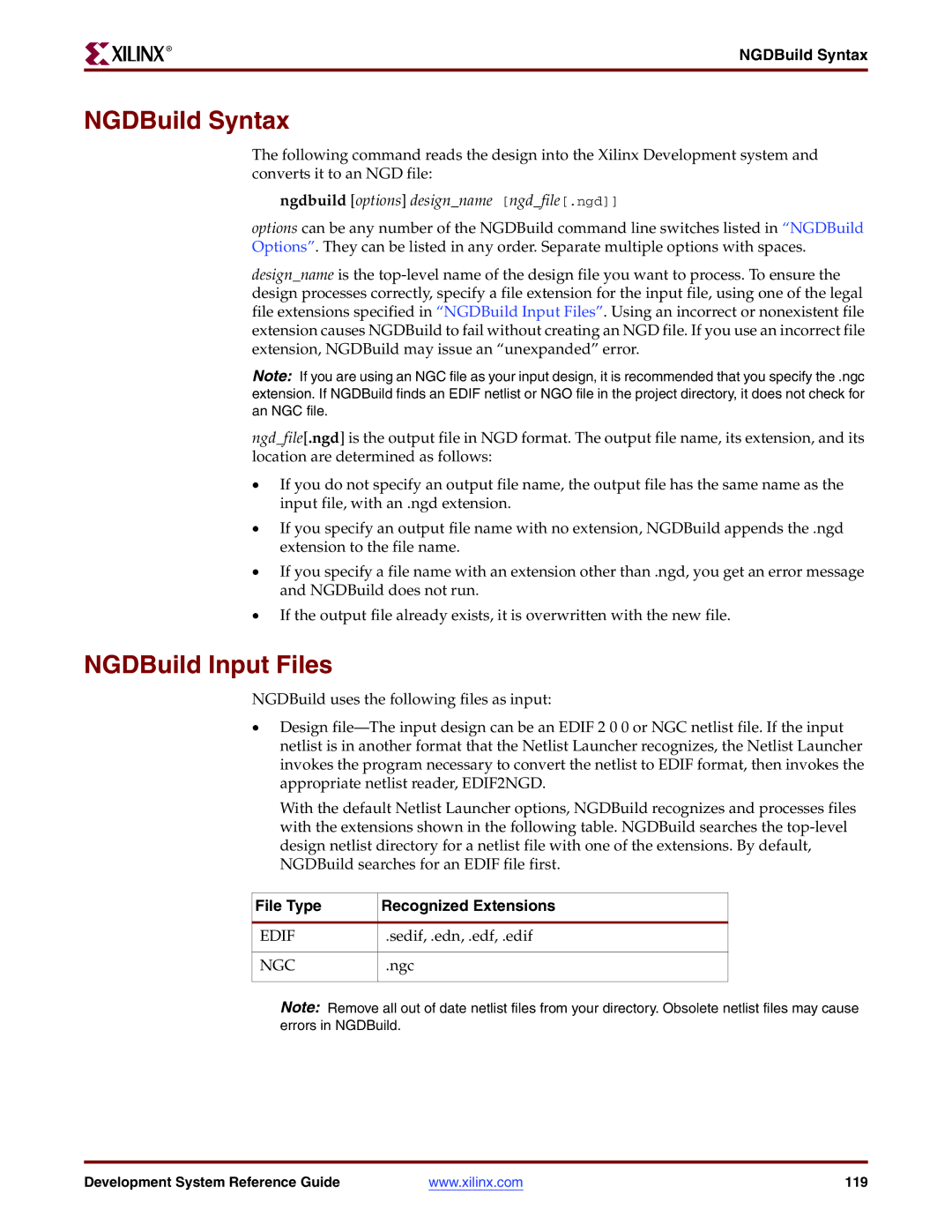 Xilinx 8.2i manual NGDBuild Syntax, NGDBuild Input Files, Ngdbuild options designname ngdfile.ngd 