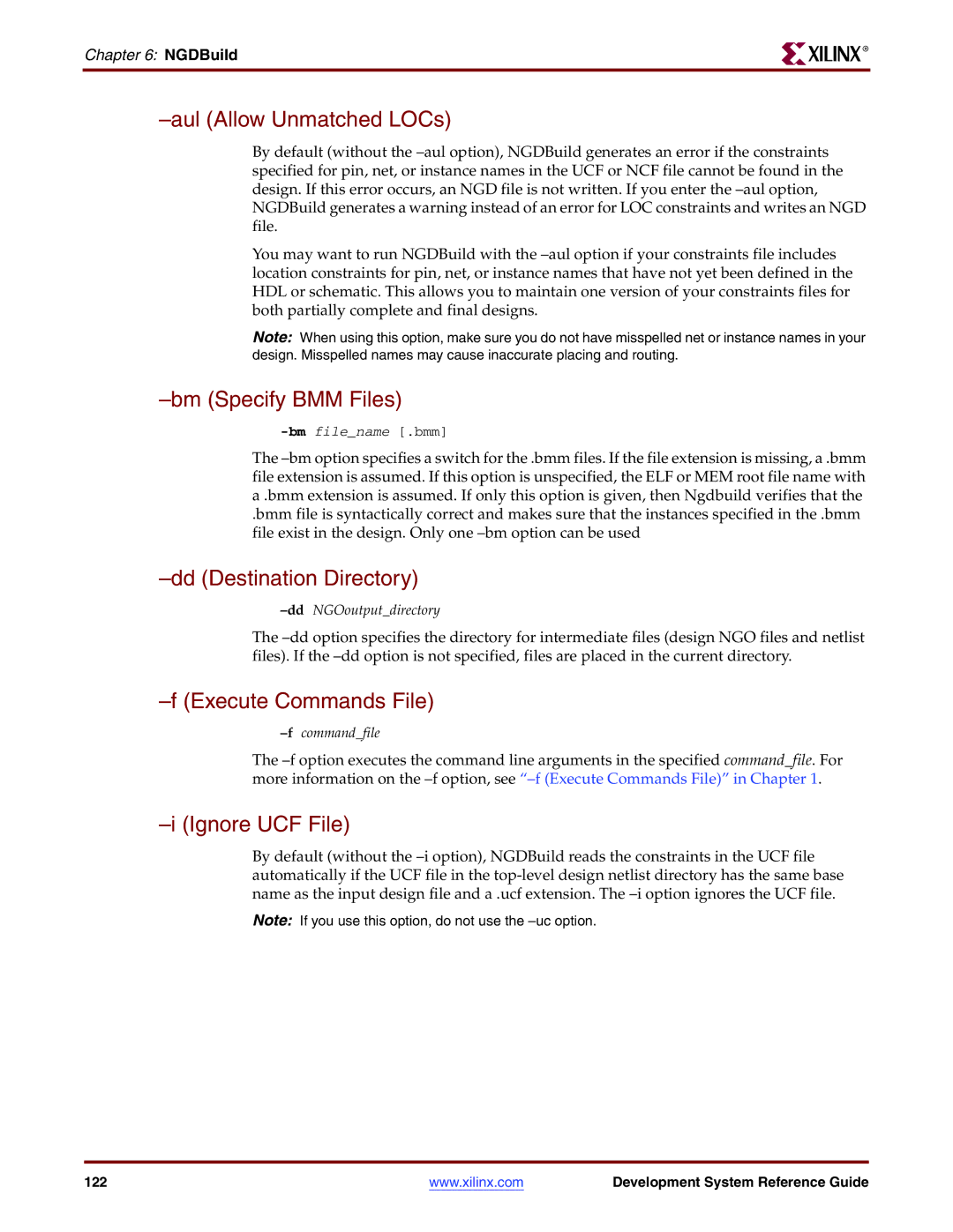 Xilinx 8.2i manual Aul Allow Unmatched LOCs, Bm Specify BMM Files, Dd Destination Directory, Ignore UCF File 