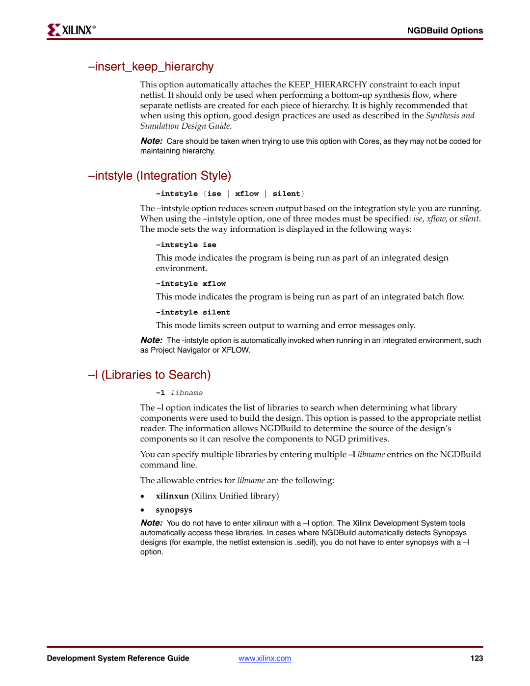 Xilinx 8.2i manual Insertkeephierarchy, Libraries to Search, NGDBuild Options, Synopsys 