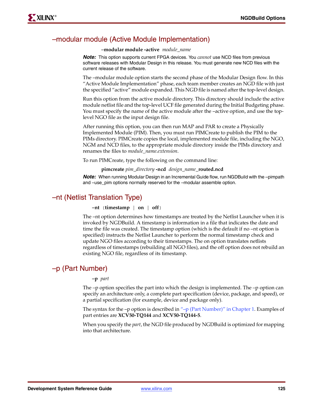 Xilinx 8.2i Modular module Active Module Implementation, Nt Netlist Translation Type, Modular module -active modulename 