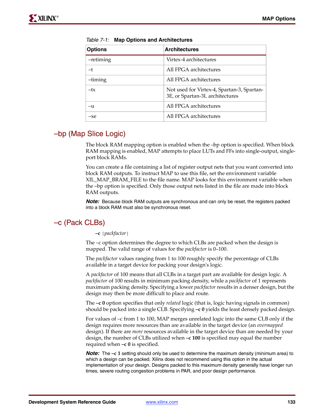 Xilinx 8.2i manual Bp Map Slice Logic, Pack CLBs, MAP Options 1Map Options and Architectures, Cpackfactor 