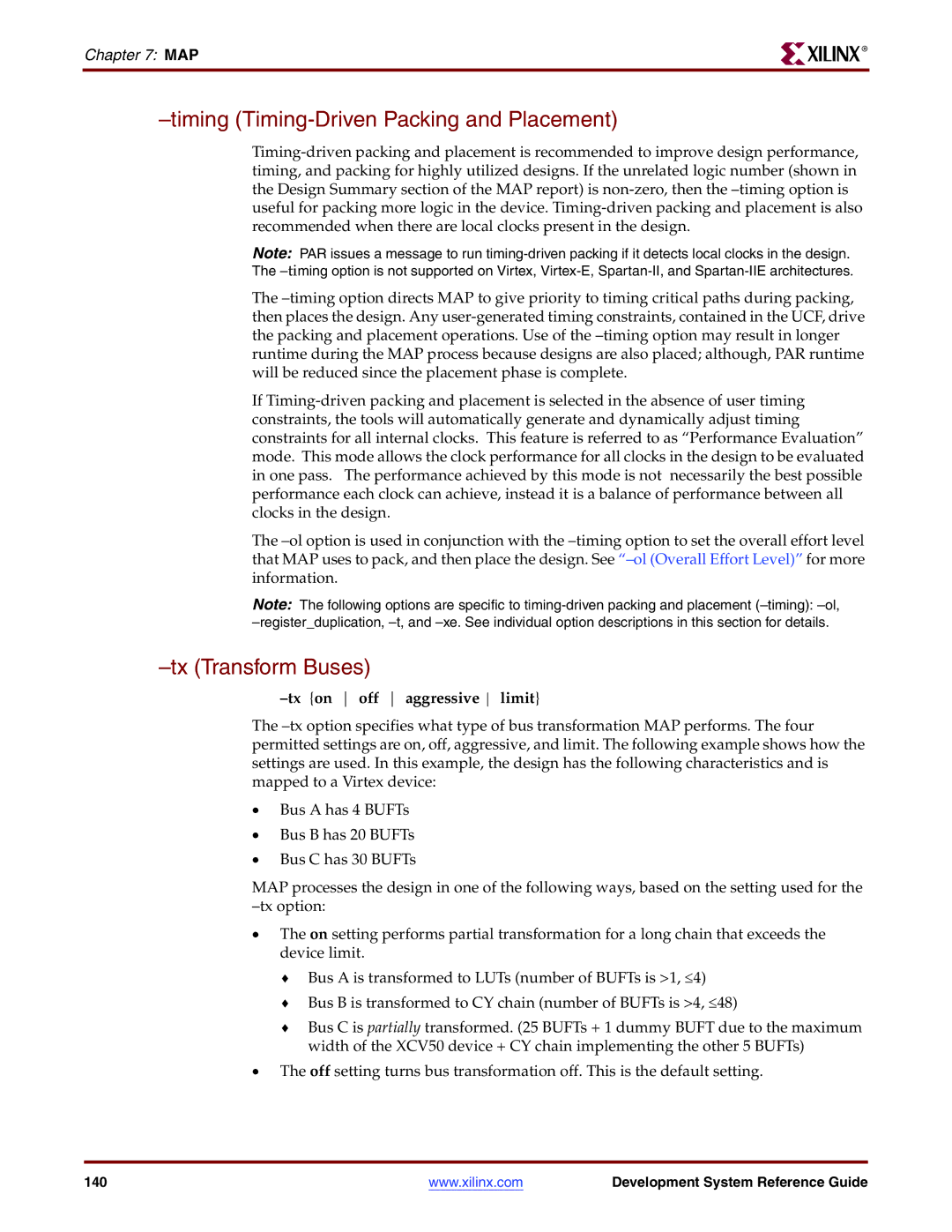 Xilinx 8.2i manual Timing Timing-Driven Packing and Placement, Tx Transform Buses, Tx on off aggressive limit 