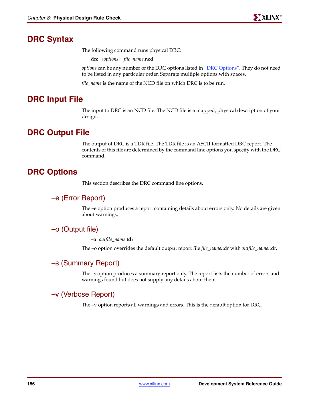 Xilinx 8.2i manual DRC Syntax, DRC Input File, DRC Output File, DRC Options 