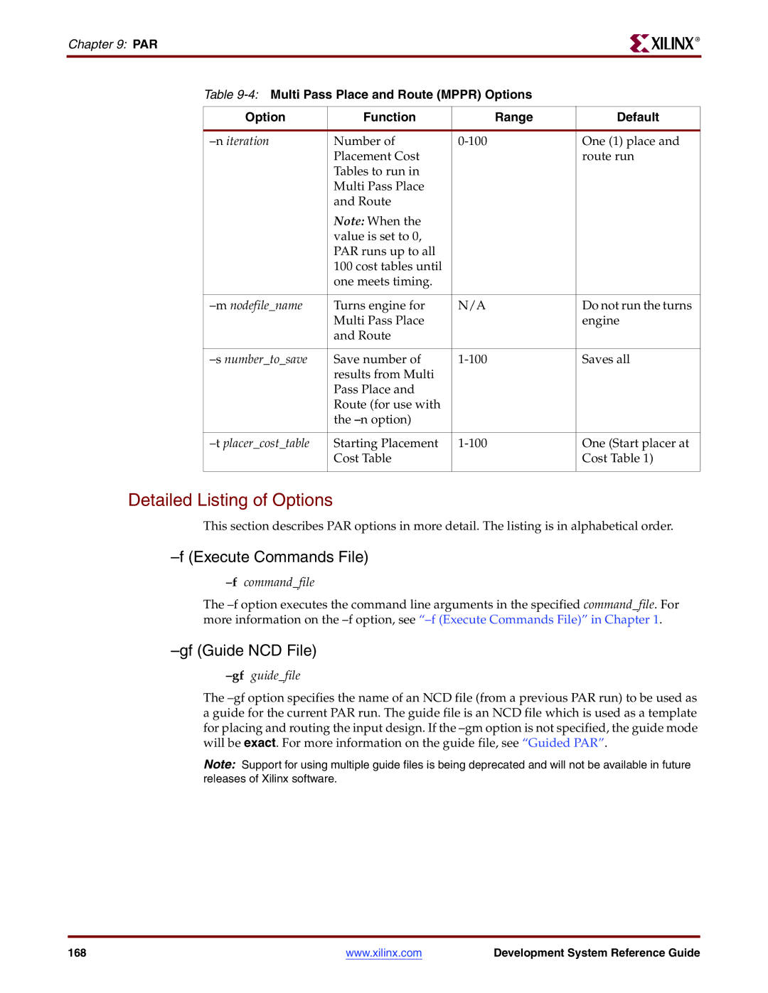 Xilinx 8.2i manual Detailed Listing of Options, Execute Commands File, Gf Guide NCD File 