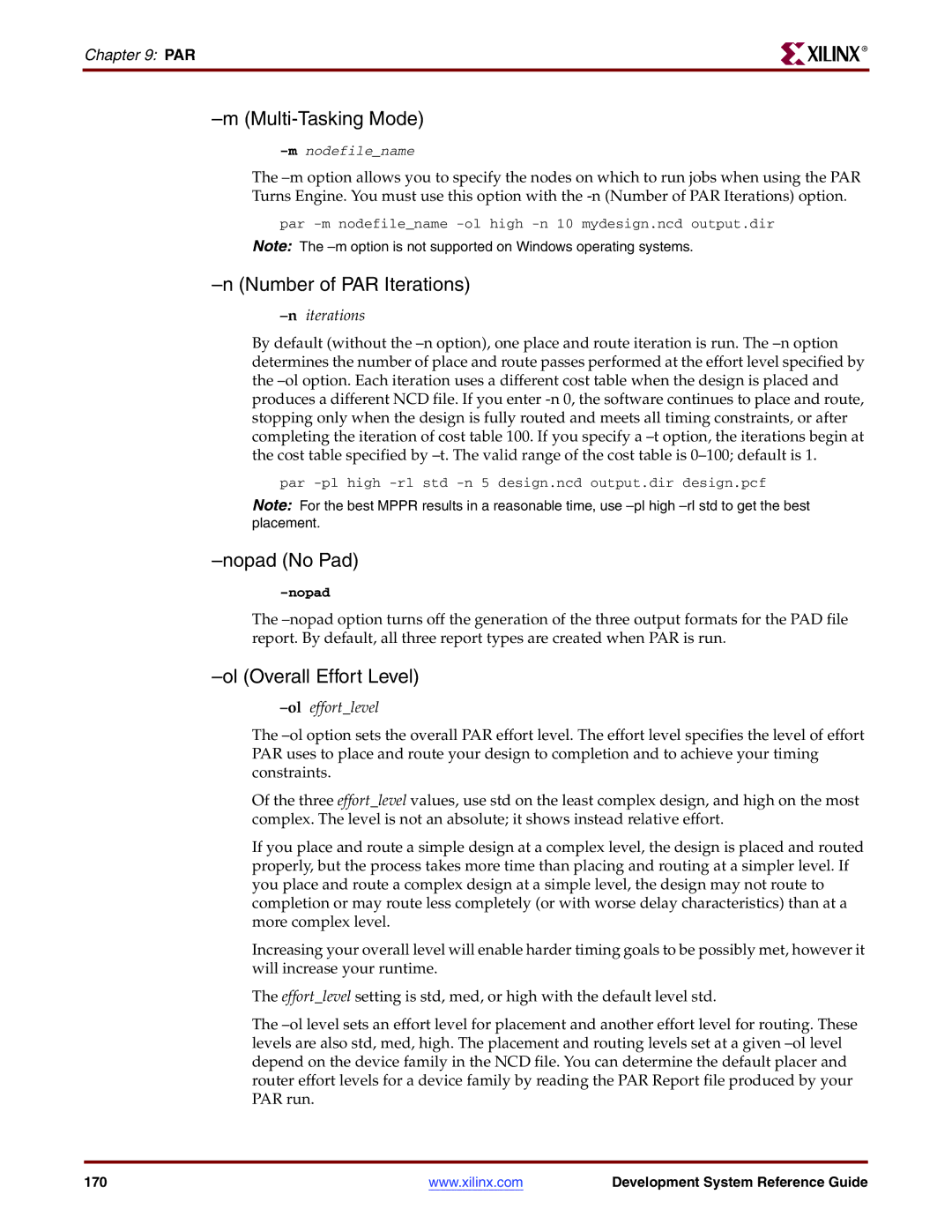 Xilinx 8.2i manual Multi-Tasking Mode, Number of PAR Iterations, Nopad No Pad, Ol Overall Effort Level 