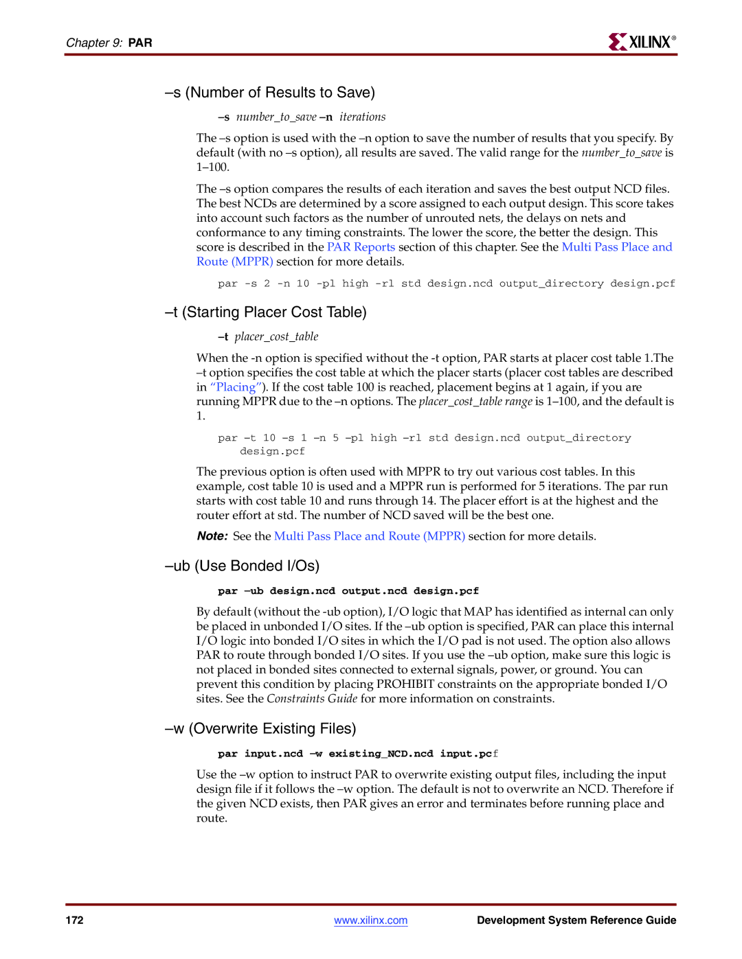 Xilinx 8.2i manual Number of Results to Save, Starting Placer Cost Table, Ub Use Bonded I/Os, Overwrite Existing Files 