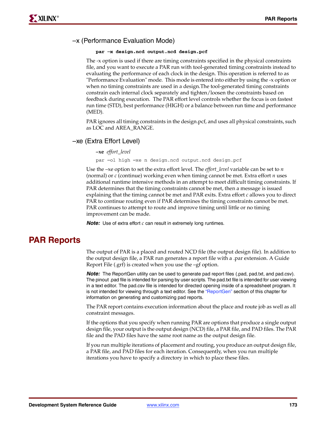 Xilinx 8.2i manual PAR Reports, Performance Evaluation Mode, Xe Extra Effort Level 