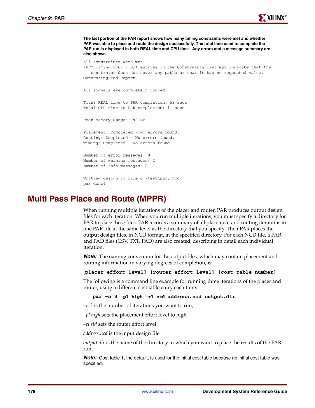 Xilinx 8.2i manual Multi Pass Place and Route Mppr, Placer effort levelrouter effort levelcost table number 