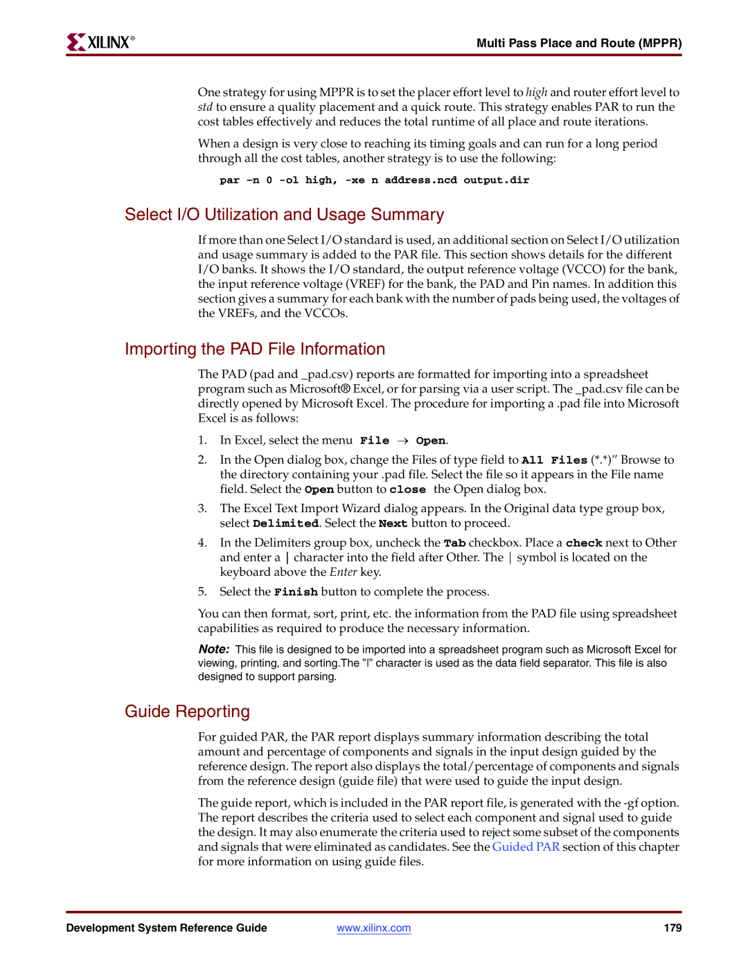 Xilinx 8.2i manual Select I/O Utilization and Usage Summary, Importing the PAD File Information, Guide Reporting 