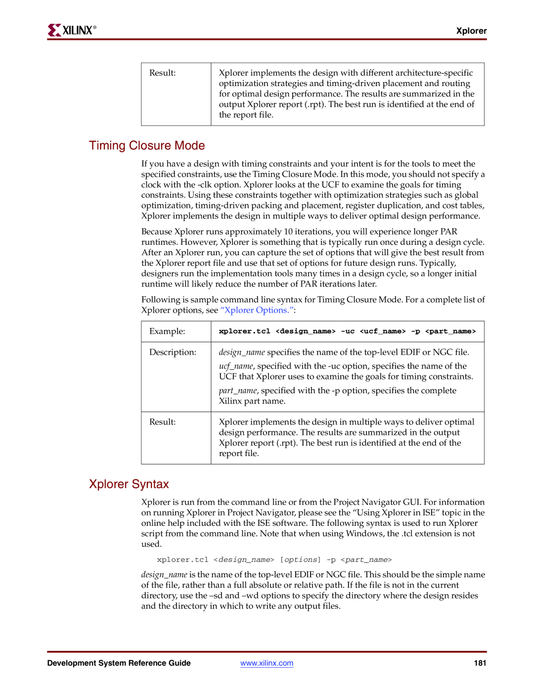 Xilinx 8.2i manual Timing Closure Mode, Xplorer Syntax 