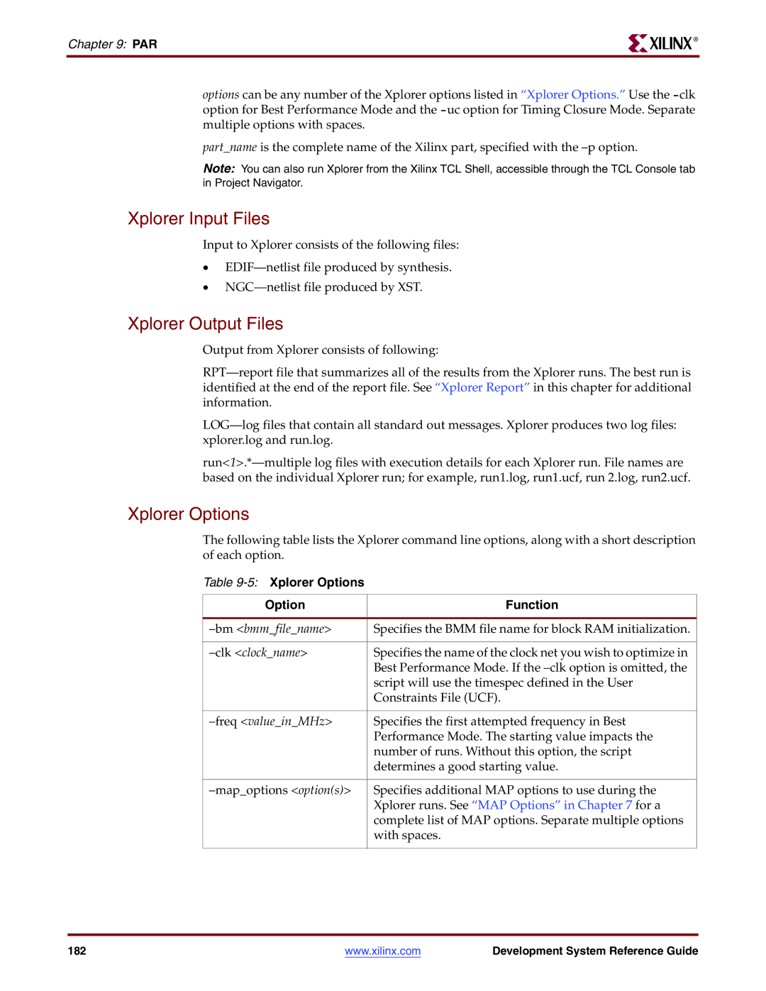 Xilinx 8.2i manual Xplorer Input Files, Xplorer Output Files, 5Xplorer Options Function 