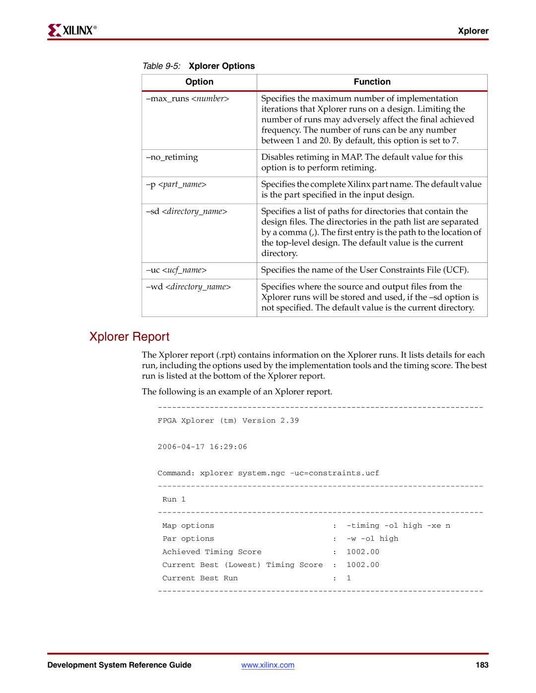 Xilinx 8.2i manual Xplorer Report, Xplorer 5Xplorer Options Function 