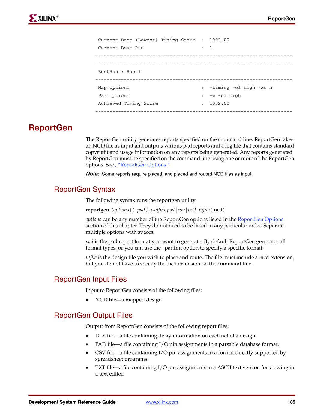 Xilinx 8.2i manual ReportGen Syntax, ReportGen Input Files, ReportGen Output Files 