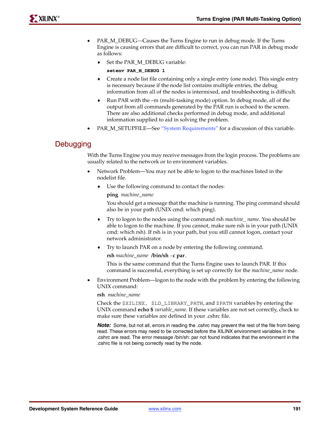 Xilinx 8.2i manual Debugging, Rsh machinename 