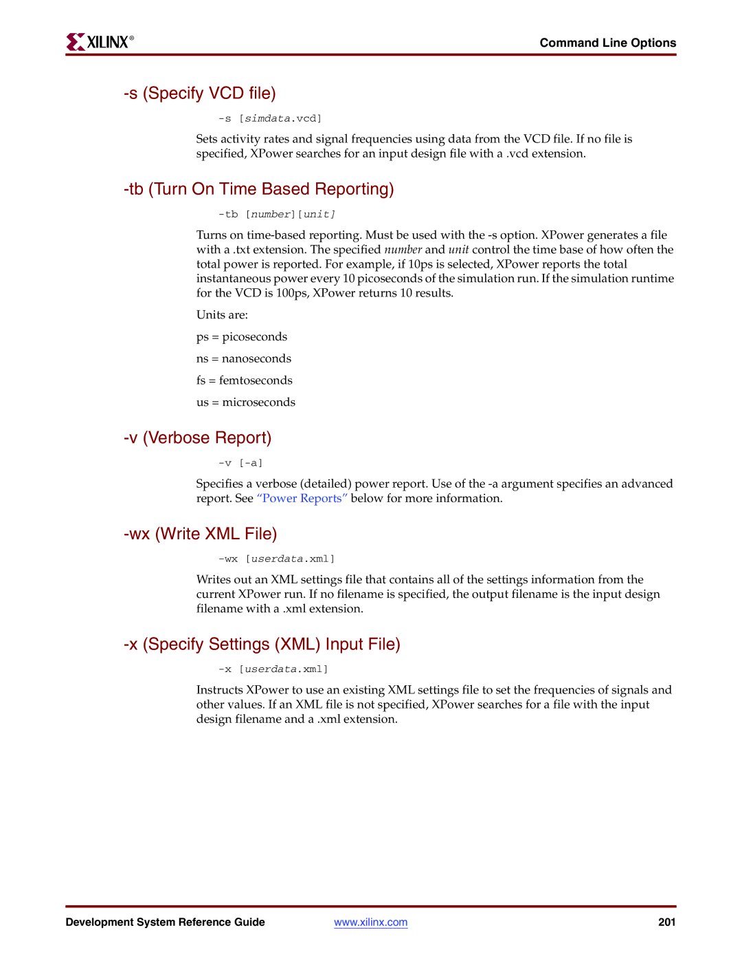 Xilinx 8.2i manual Specify VCD file, Tb Turn On Time Based Reporting, Wx Write XML File, Specify Settings XML Input File 