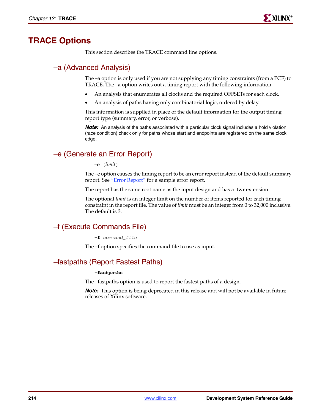 Xilinx 8.2i manual Trace Options, Advanced Analysis, Generate an Error Report, Fastpaths Report Fastest Paths, Elimit 