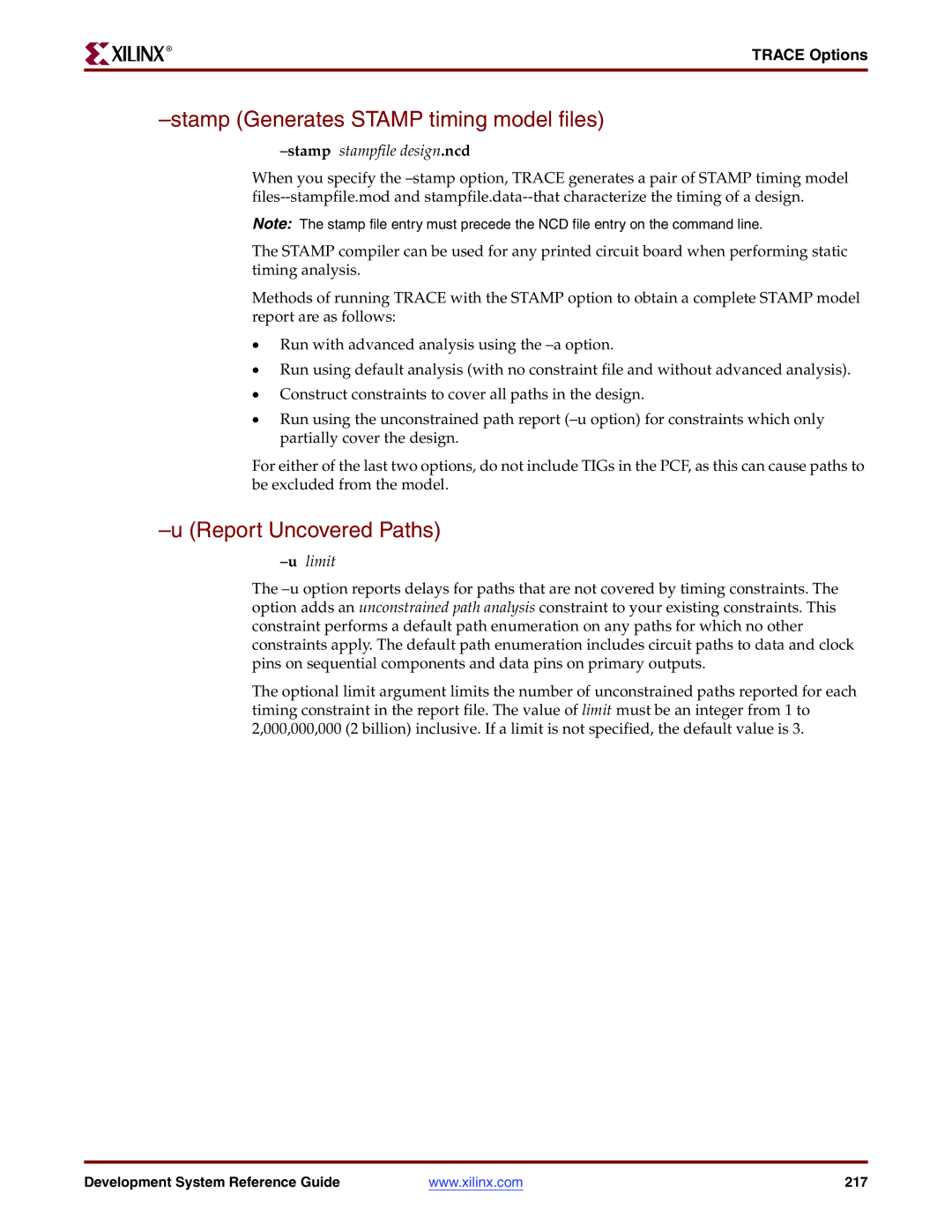 Xilinx 8.2i manual Stamp Generates Stamp timing model files, Report Uncovered Paths, Stampstampfile design.ncd, Ulimit 