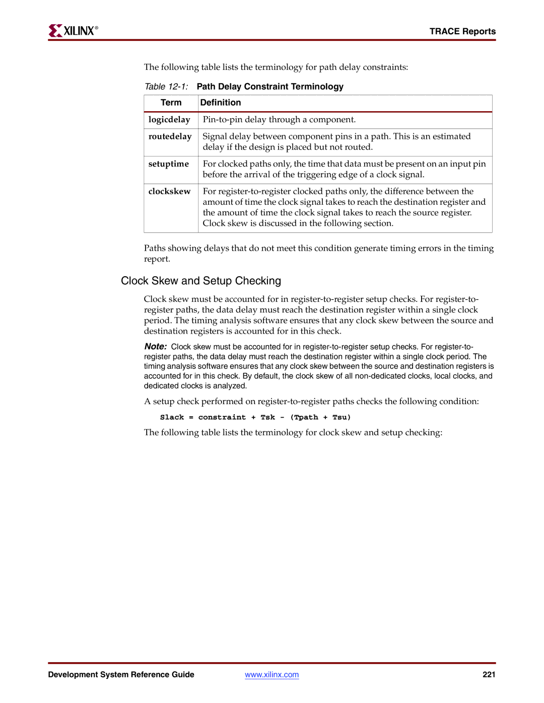 Xilinx 8.2i manual Clock Skew and Setup Checking, 1Path Delay Constraint Terminology Definition 