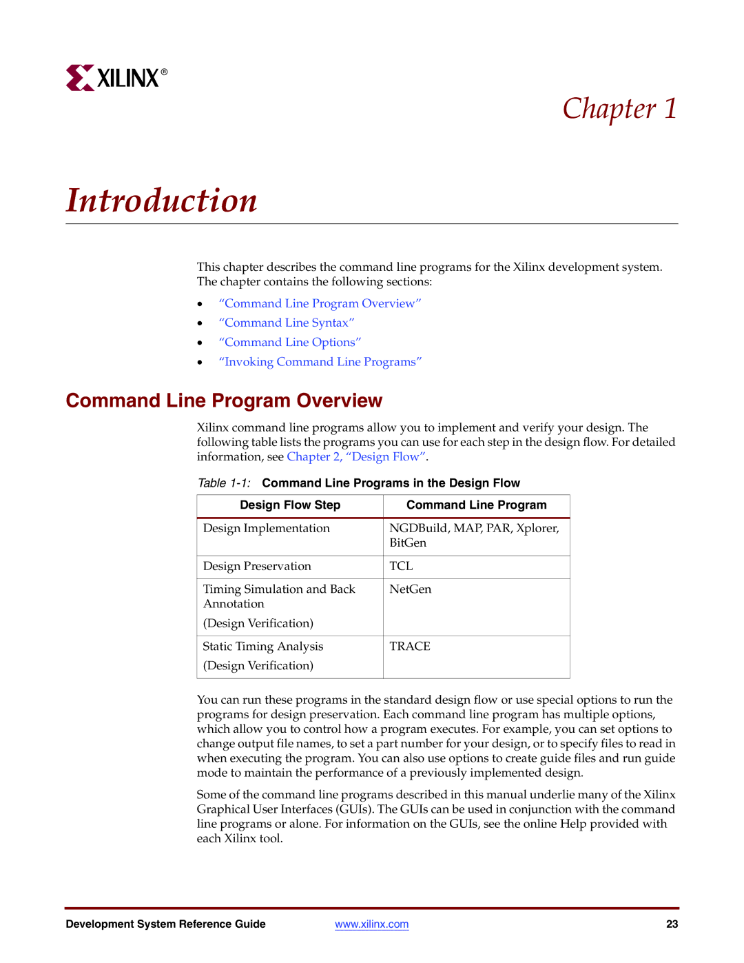 Xilinx 8.2i manual Introduction, Command Line Program Overview, 1Command Line Programs in the Design Flow Design Flow Step 
