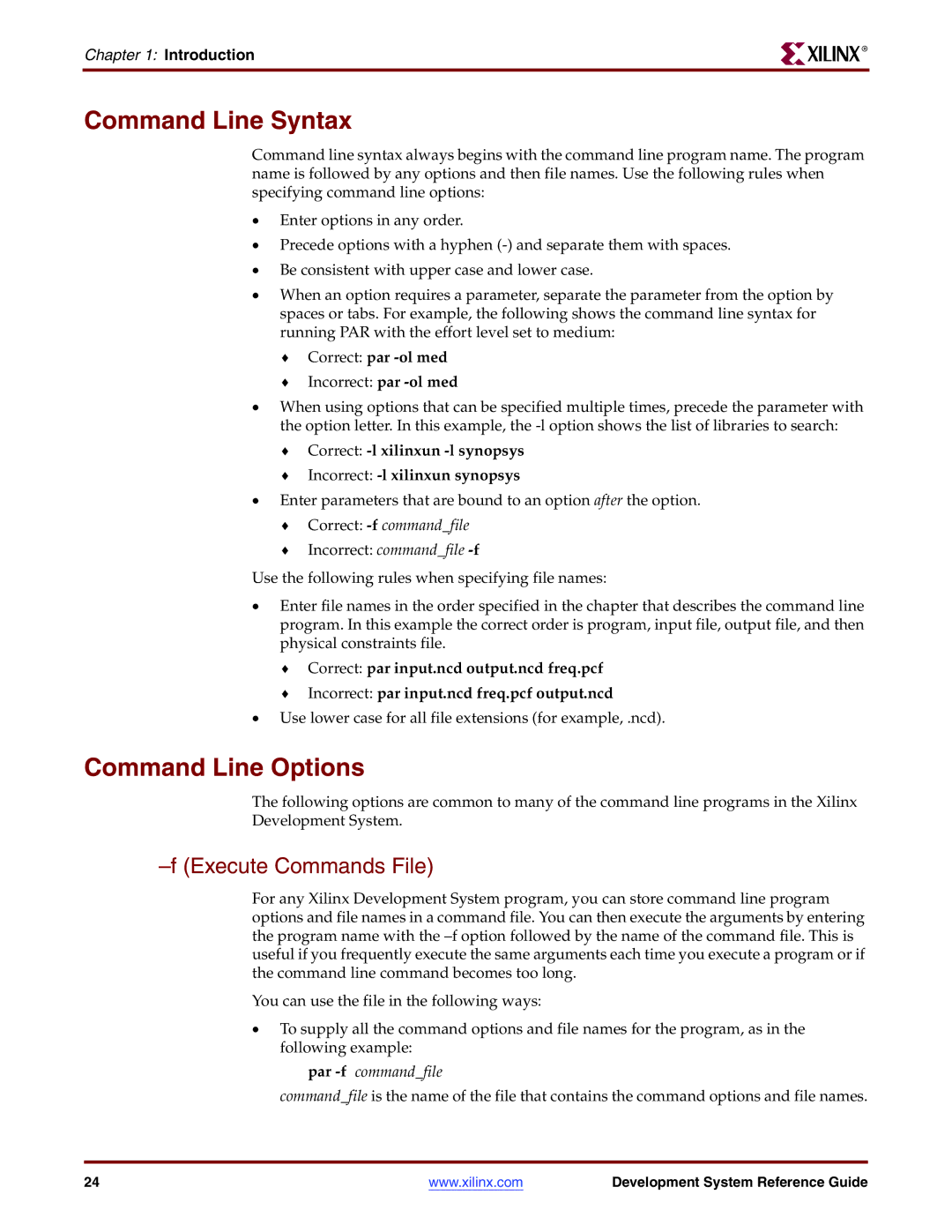 Xilinx 8.2i manual Command Line Syntax, Command Line Options, Execute Commands File, Introduction, Correct par -ol med 