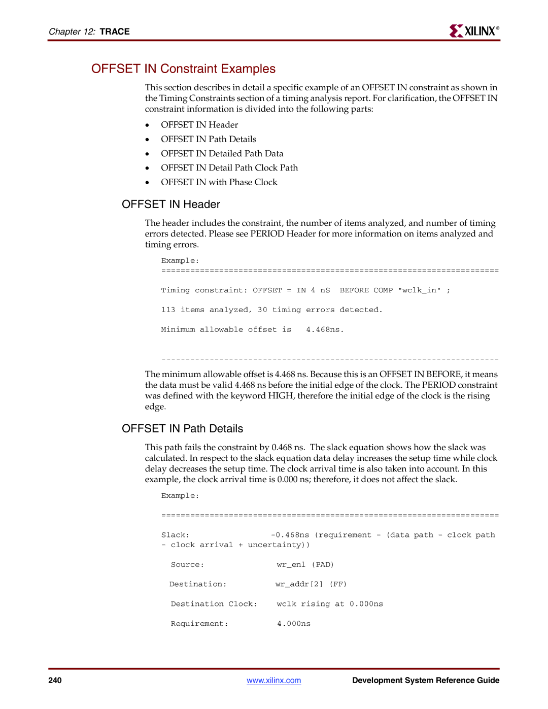 Xilinx 8.2i manual Offset in Constraint Examples, Offset in Header, Offset in Path Details 