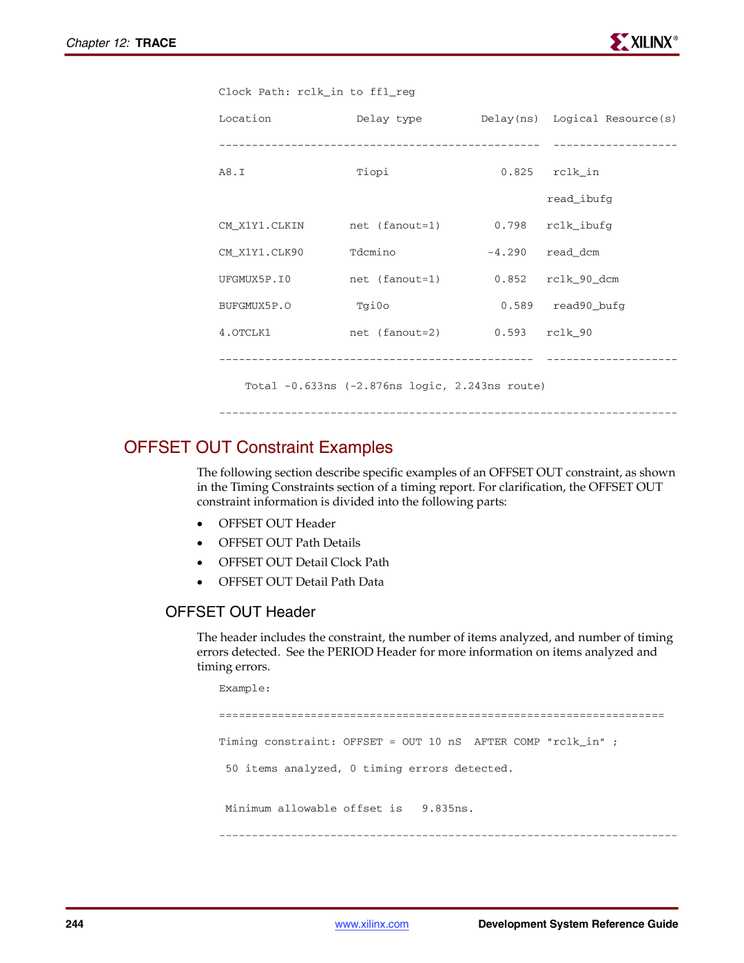 Xilinx 8.2i manual Offset OUT Constraint Examples, Offset OUT Header 