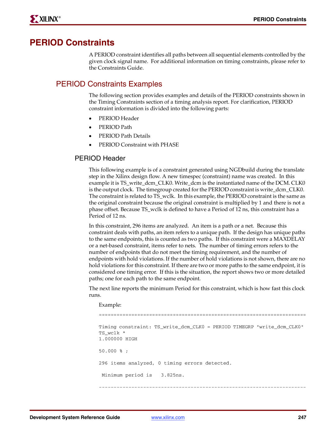 Xilinx 8.2i manual Period Constraints Examples, Period Header 