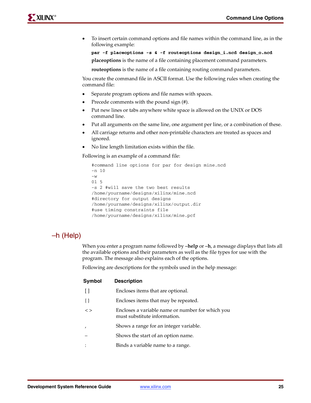 Xilinx 8.2i manual Help, Command Line Options, Symbol Description 