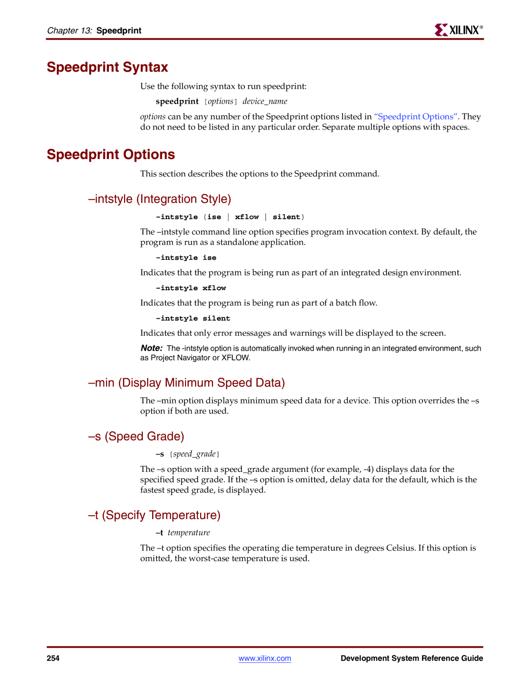 Xilinx 8.2i manual Speedprint Syntax, Speedprint Options, Min Display Minimum Speed Data, Speed Grade, Specify Temperature 