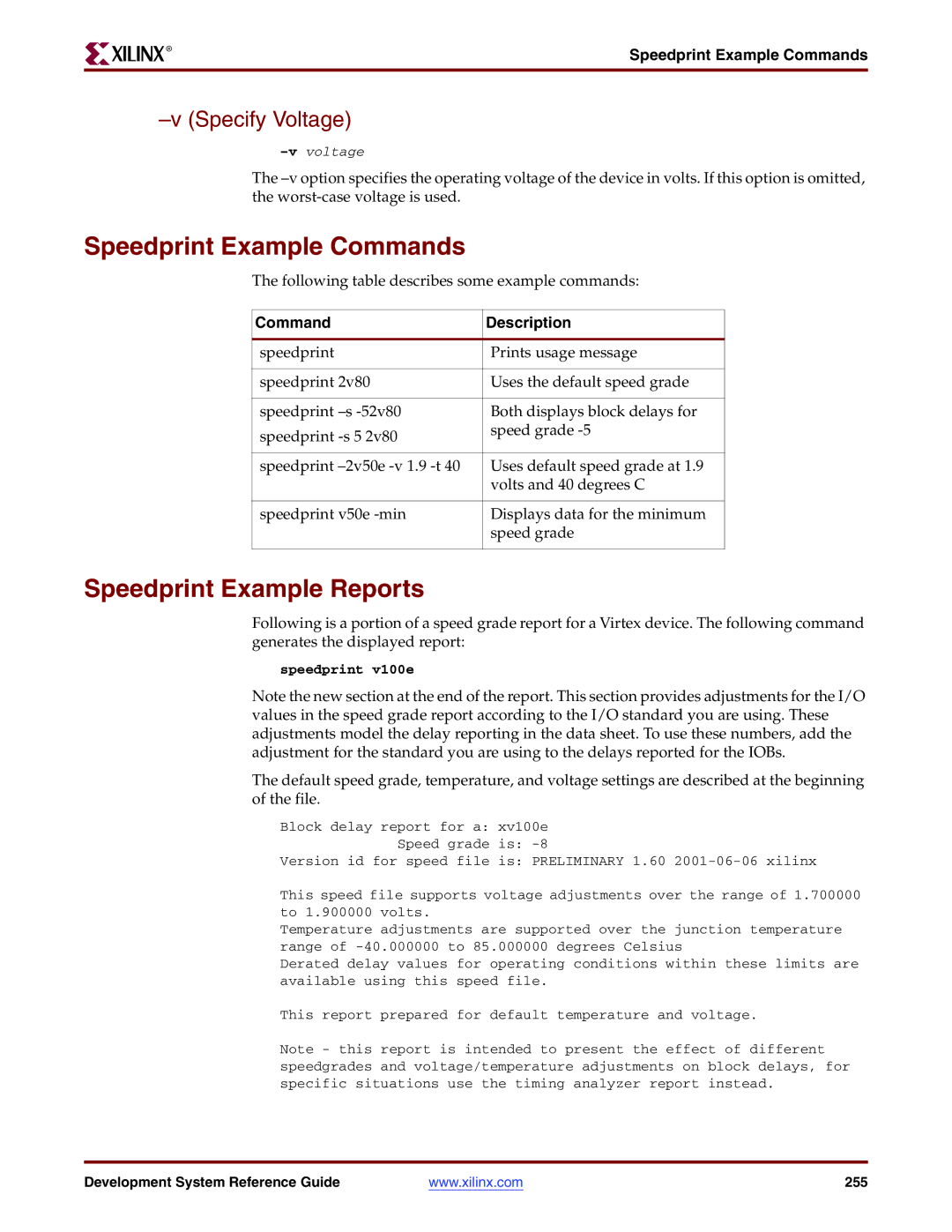 Xilinx 8.2i manual Speedprint Example Commands, Speedprint Example Reports, Specify Voltage, Command Description 