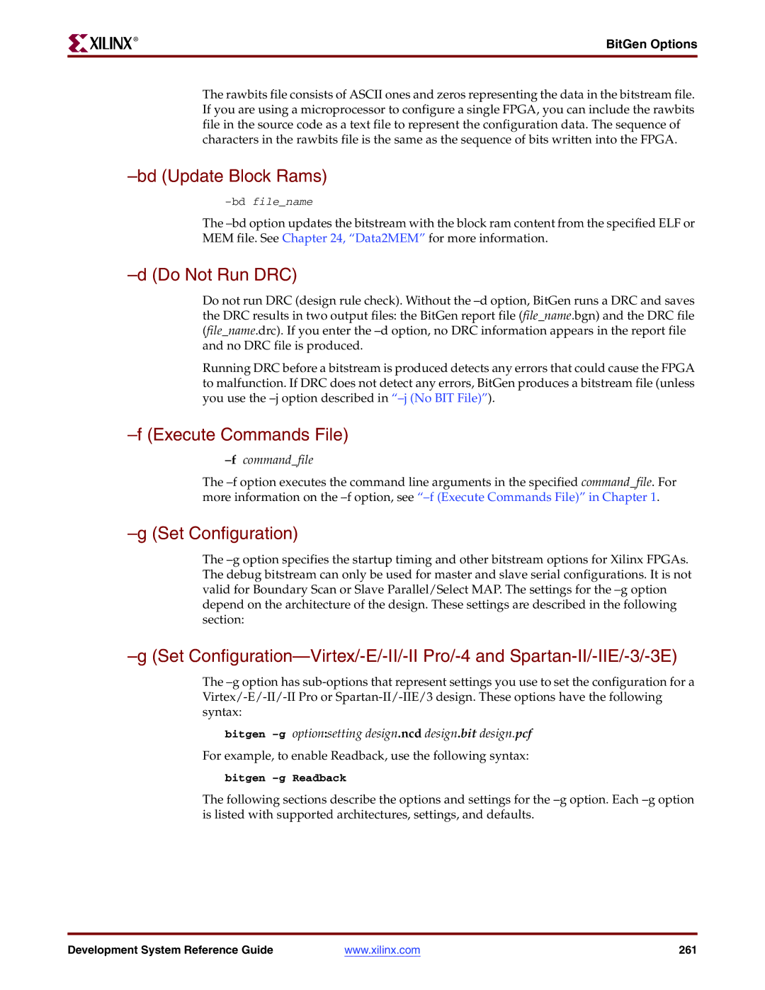 Xilinx 8.2i manual Bd Update Block Rams, Do Not Run DRC, Set Configuration, BitGen Options 