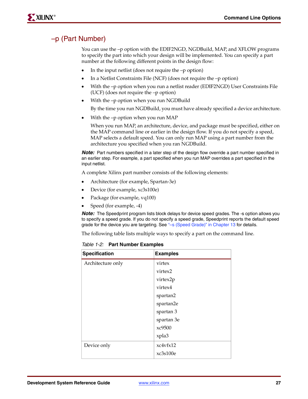 Xilinx 8.2i manual 2Part Number Examples Specification 