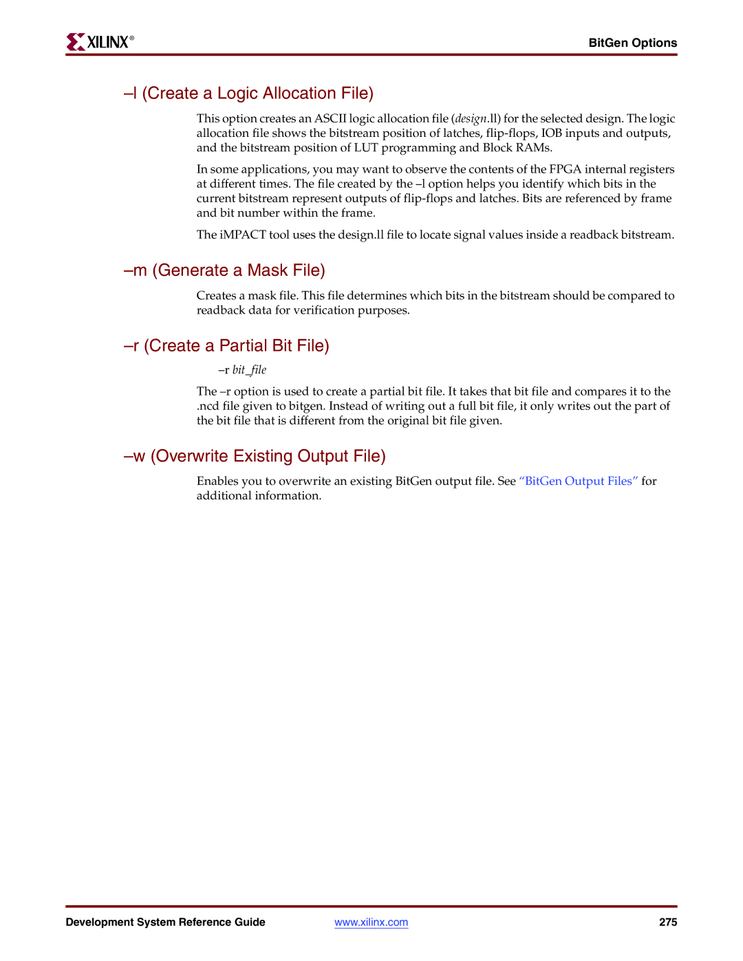 Xilinx 8.2i manual Create a Logic Allocation File, Generate a Mask File, Create a Partial Bit File, Rbitfile 