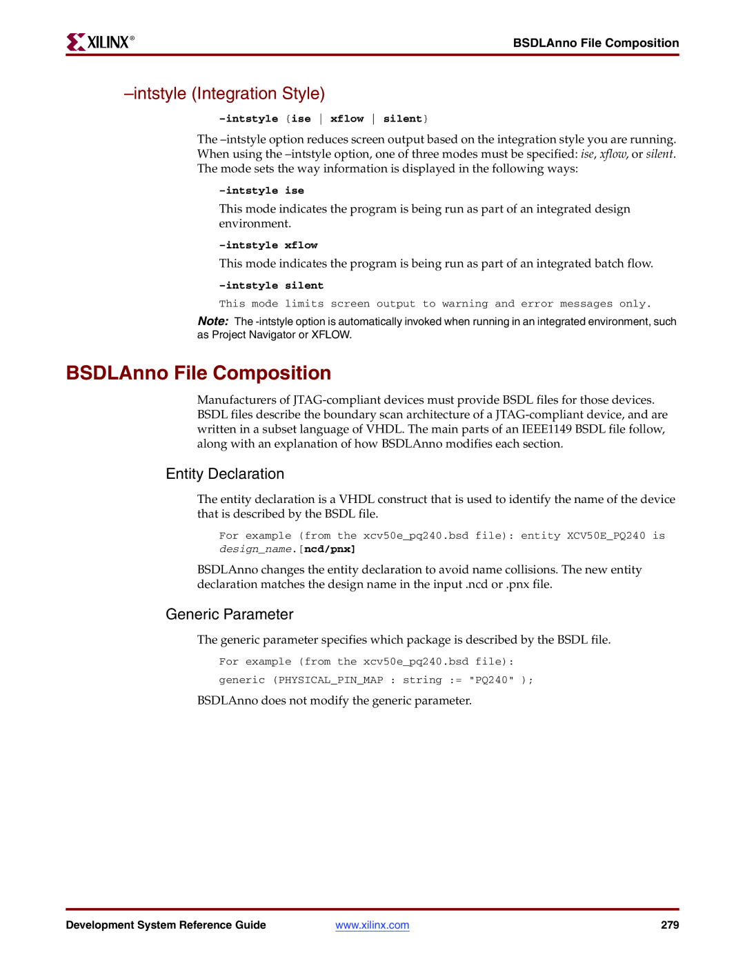 Xilinx 8.2i manual BSDLAnno File Composition, Entity Declaration, Generic Parameter 