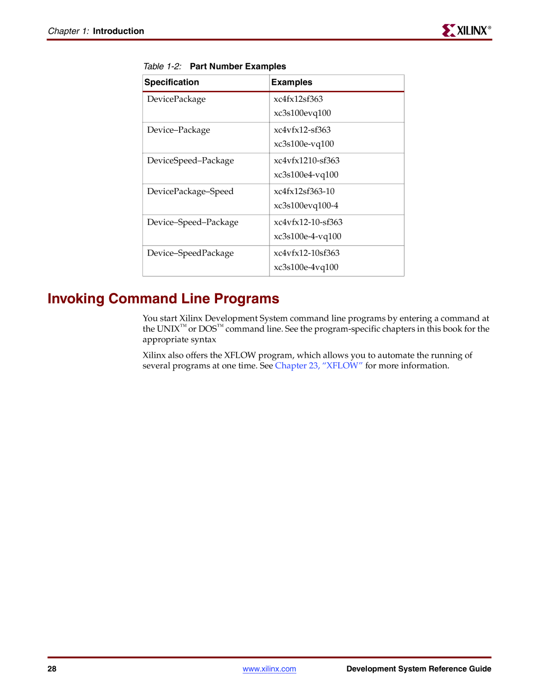 Xilinx 8.2i manual Invoking Command Line Programs, Introduction 2Part Number Examples Specification 