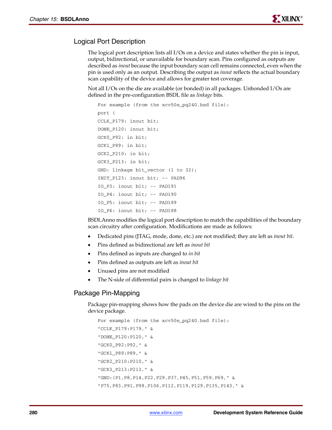 Xilinx 8.2i manual Logical Port Description, Package Pin-Mapping 
