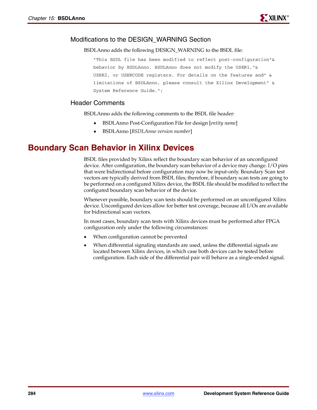 Xilinx 8.2i manual Boundary Scan Behavior in Xilinx Devices, Modifications to the Designwarning Section, Header Comments 