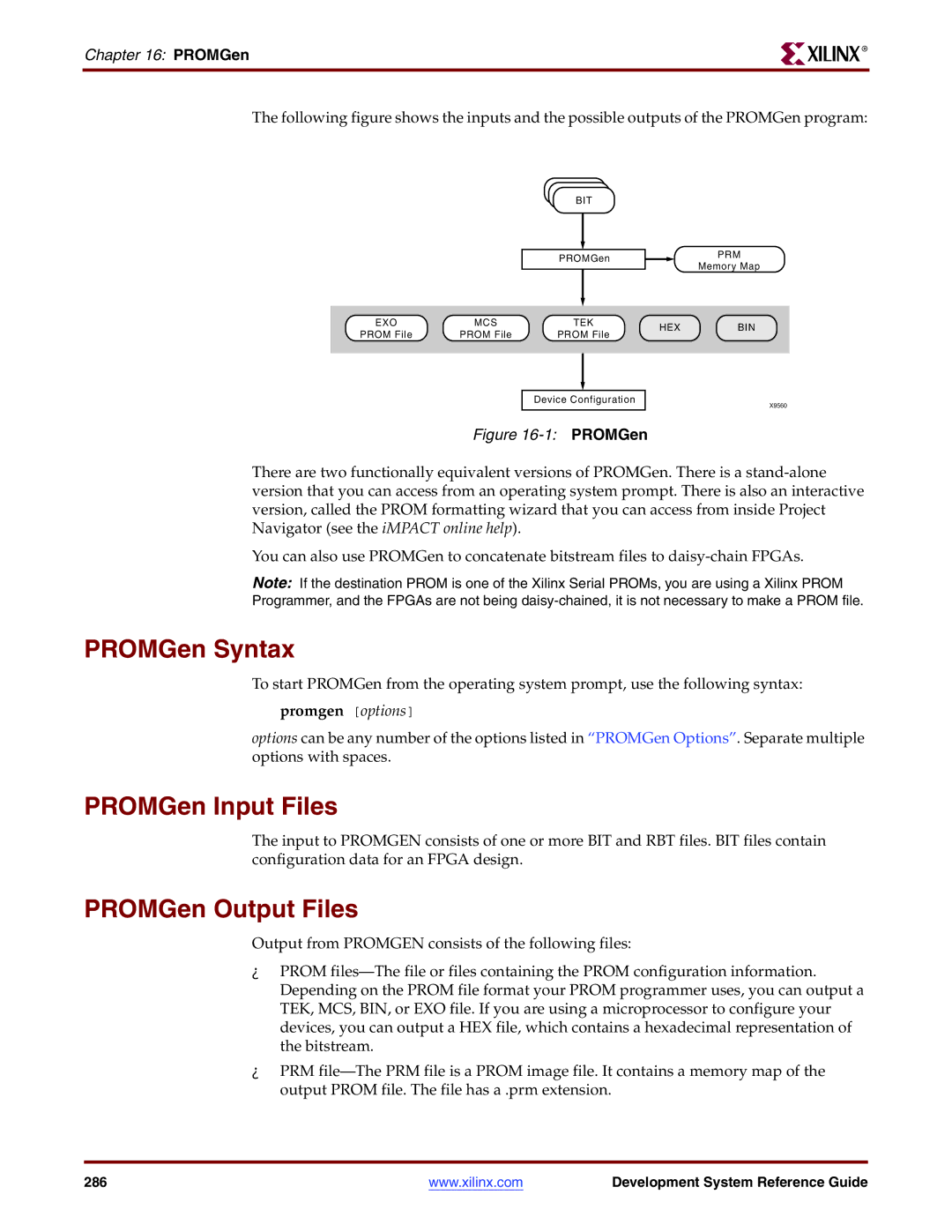 Xilinx 8.2i manual PROMGen Syntax, PROMGen Input Files, PROMGen Output Files, Promgen options 