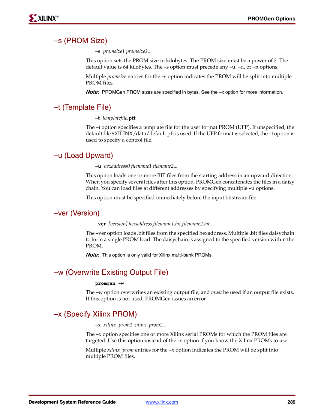 Xilinx 8.2i manual Prom Size, Template File, Load Upward, Ver Version, Specify Xilinx Prom 